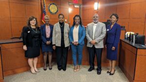 Four CASA volunteers were sworn in at the Henry County Courthouse. They are photographed alongside Henry County CASA Director Lisa Dawodu and Georgia CASA Executive Director Jen King.